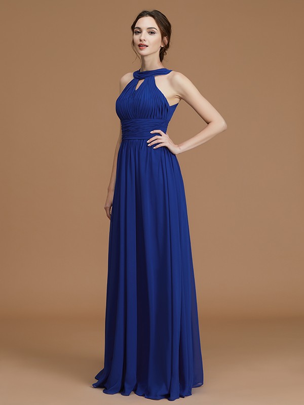 A-Line/Princess Halter Sleeveless Floor-Length Ruched Chiffon Bridesmaid Dresses 2287