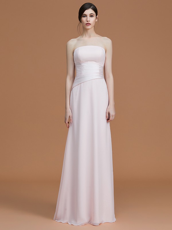 A-Line/Princess Strapless Sleeveless Floor-Length Ruched Chiffon Bridesmaid Dresses 2596