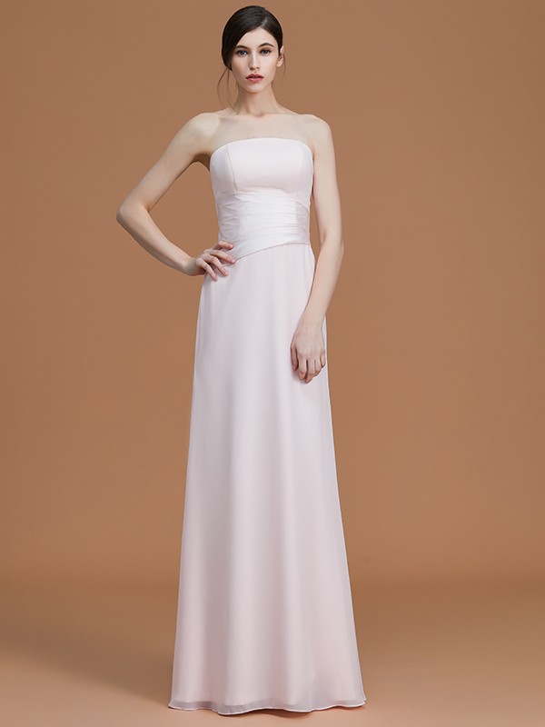 A-Line/Princess Strapless Sleeveless Floor-Length Ruched Chiffon Bridesmaid Dresses 2596