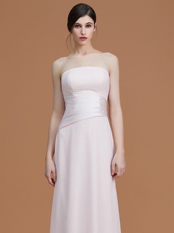 A-Line/Princess Strapless Sleeveless Floor-Length Ruched Chiffon Bridesmaid Dresses 2596