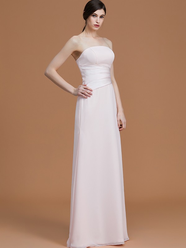 A-Line/Princess Strapless Sleeveless Floor-Length Ruched Chiffon Bridesmaid Dresses 2596