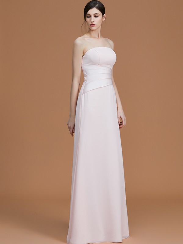 A-Line/Princess Strapless Sleeveless Floor-Length Ruched Chiffon Bridesmaid Dresses 2596