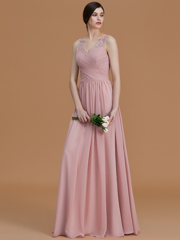 A-Line/Princess V-neck Sleeveless Floor-Length Beading Chiffon Bridesmaid Dresses 2820