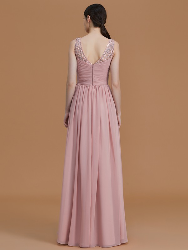 A-Line/Princess V-neck Sleeveless Floor-Length Beading Chiffon Bridesmaid Dresses 2820