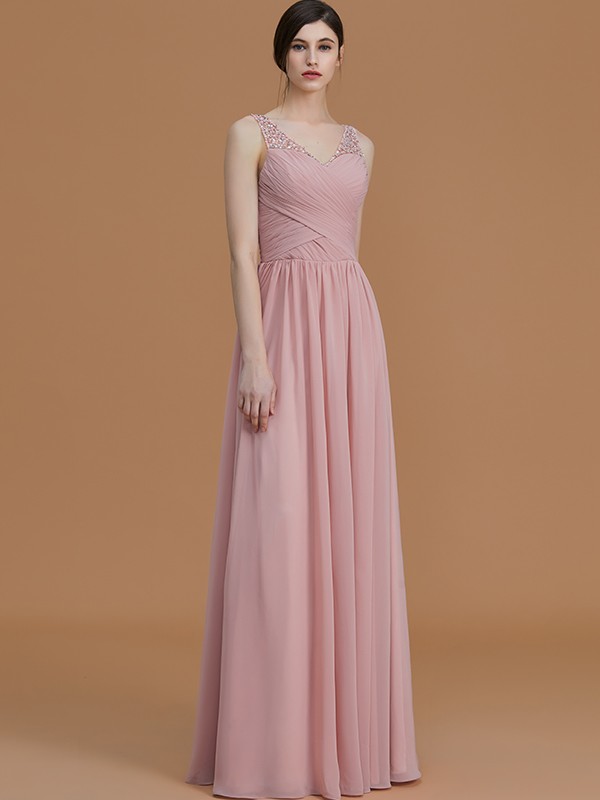 A-Line/Princess V-neck Sleeveless Floor-Length Beading Chiffon Bridesmaid Dresses 2820