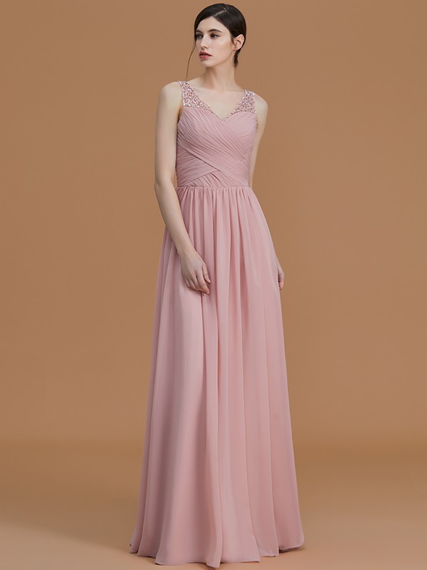 A-Line/Princess V-neck Sleeveless Floor-Length Beading Chiffon Bridesmaid Dresses 2820