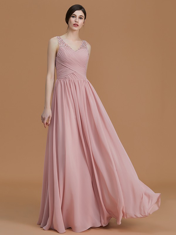 A-Line/Princess V-neck Sleeveless Floor-Length Beading Chiffon Bridesmaid Dresses 2820