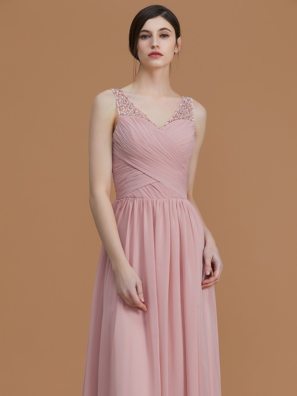 A-Line/Princess V-neck Sleeveless Floor-Length Beading Chiffon Bridesmaid Dresses 2820