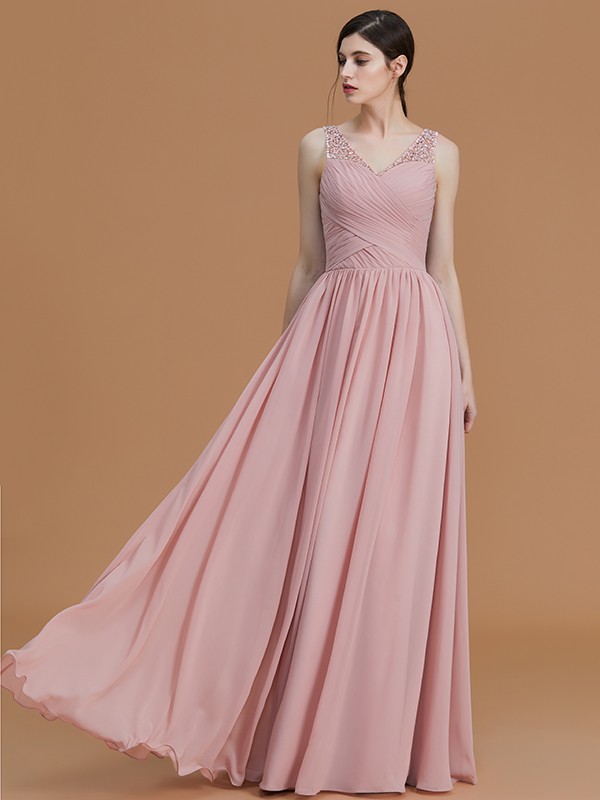 A-Line/Princess V-neck Sleeveless Floor-Length Beading Chiffon Bridesmaid Dresses 2820