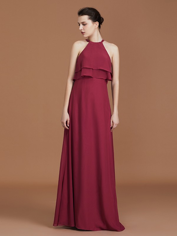 A-Line/Princess Scoop Sleeveless Floor-Length Ruffles Chiffon Bridesmaid Dress Ruffles 2458