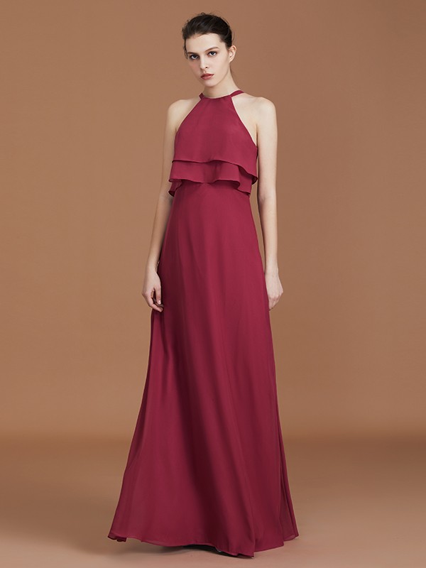 A-Line/Princess Scoop Sleeveless Floor-Length Ruffles Chiffon Bridesmaid Dress Ruffles 2458