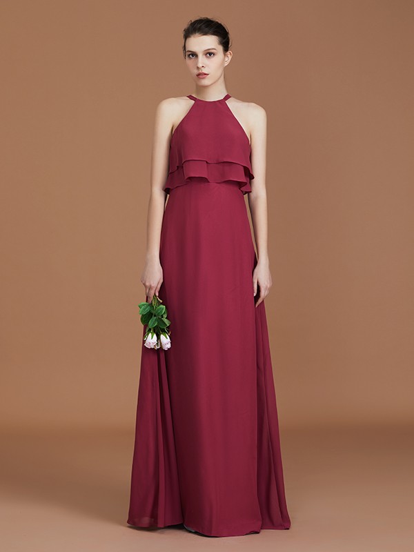 A-Line/Princess Scoop Sleeveless Floor-Length Ruffles Chiffon Bridesmaid Dress Ruffles 2458