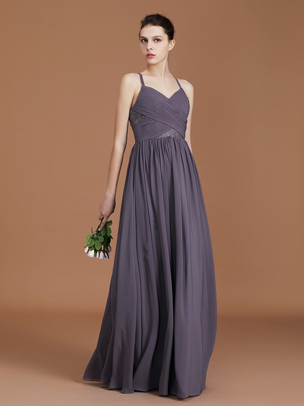 A-Line/Princess Lace Spaghetti Straps Sleeveless Floor-Length Chiffon Bridesmaid Dress 2349