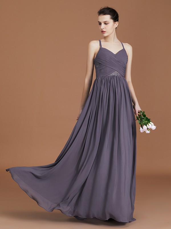 A-Line/Princess Lace Spaghetti Straps Sleeveless Floor-Length Chiffon Bridesmaid Dress 2349