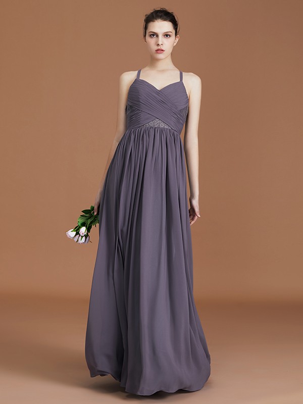 A-Line/Princess Lace Spaghetti Straps Sleeveless Floor-Length Chiffon Bridesmaid Dress 2349