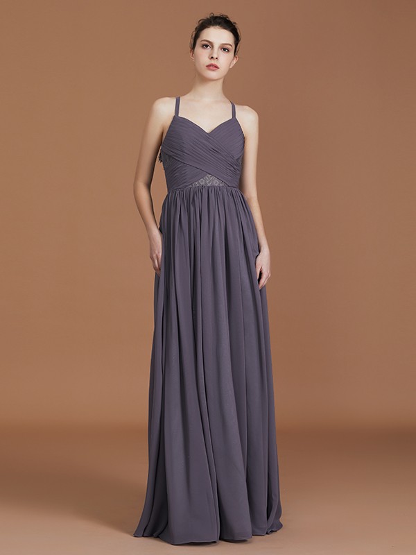 A-Line/Princess Lace Spaghetti Straps Sleeveless Floor-Length Chiffon Bridesmaid Dress 2349