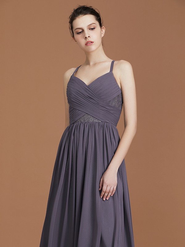 A-Line/Princess Lace Spaghetti Straps Sleeveless Floor-Length Chiffon Bridesmaid Dress 2349