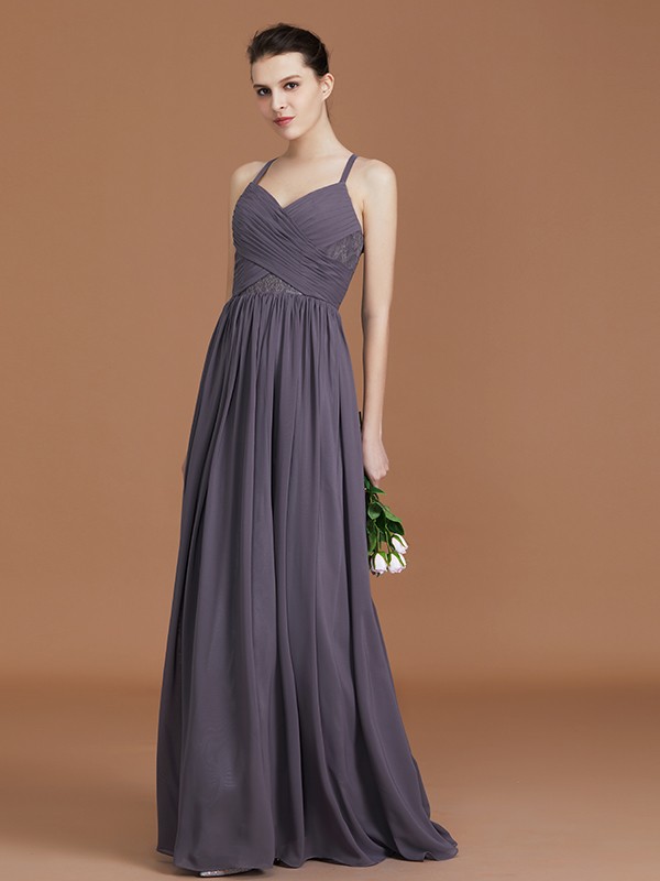 A-Line/Princess Lace Spaghetti Straps Sleeveless Floor-Length Chiffon Bridesmaid Dress 2349