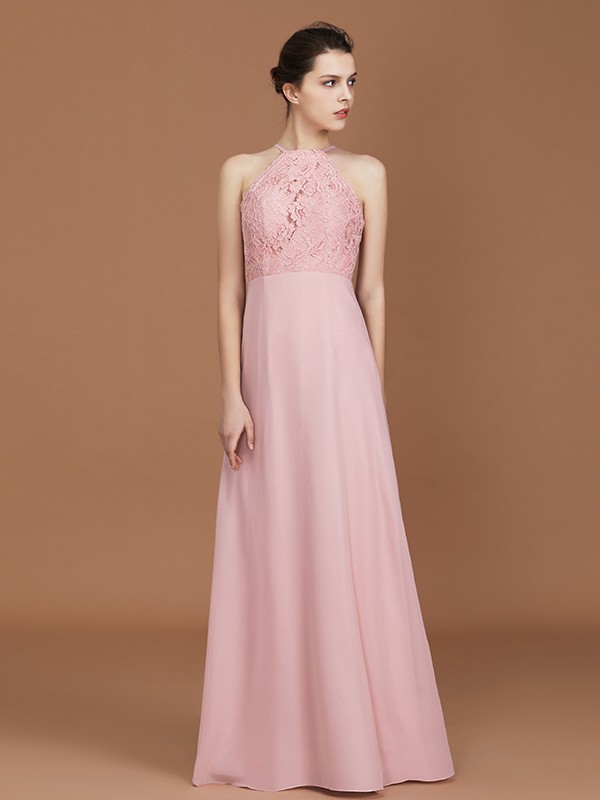 A-Line/Princess Halter Sleeveless Lace Floor-Length Chiffon Bridesmaid Dress 2292