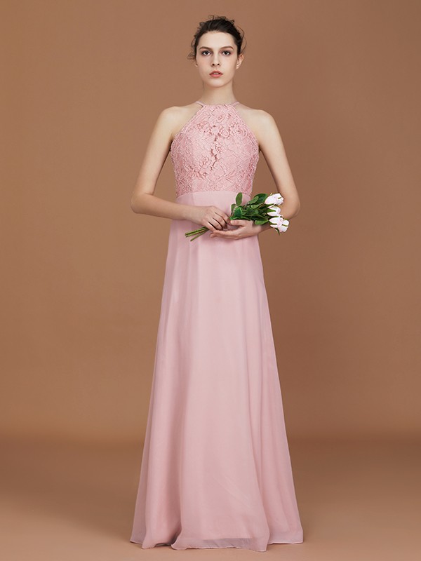 A-Line/Princess Halter Sleeveless Lace Floor-Length Chiffon Bridesmaid Dress 2292