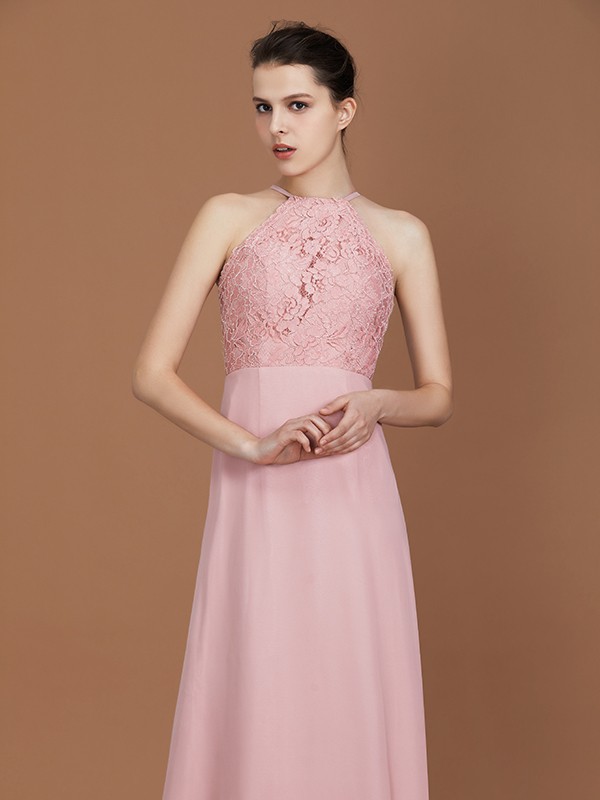 A-Line/Princess Halter Sleeveless Lace Floor-Length Chiffon Bridesmaid Dress 2292