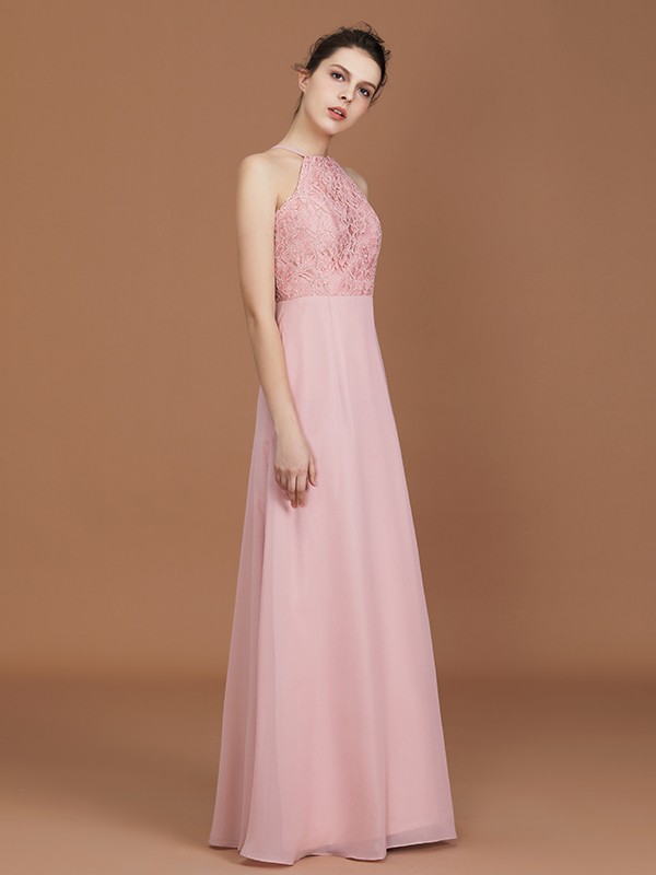 A-Line/Princess Halter Sleeveless Lace Floor-Length Chiffon Bridesmaid Dress 2292