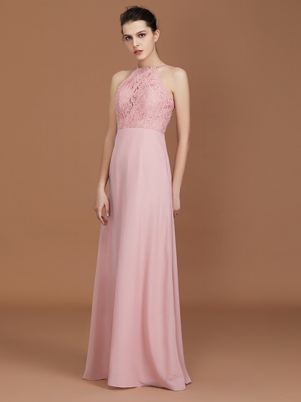 A-Line/Princess Halter Sleeveless Lace Floor-Length Chiffon Bridesmaid Dress 2292