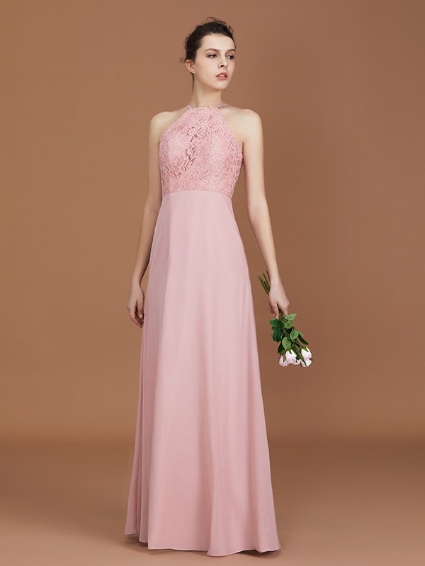 A-Line/Princess Halter Sleeveless Lace Floor-Length Chiffon Bridesmaid Dress 2292