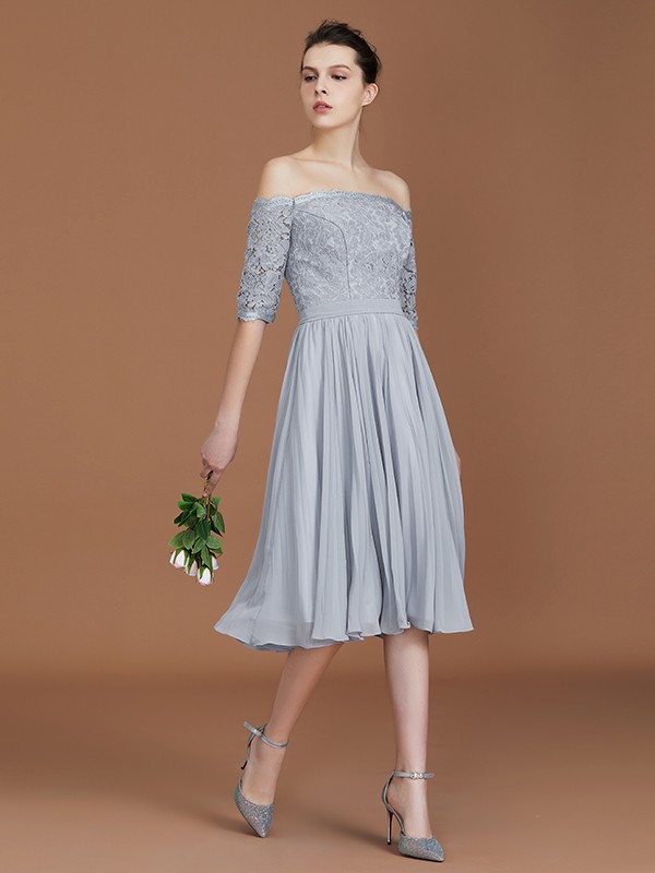 A-Line/Princess Off-the-Shoulder Short Sleeves Lace Tea-Length Chiffon Bridesmaid Dress 2355