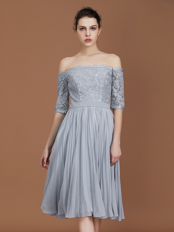 A-Line/Princess Off-the-Shoulder Short Sleeves Lace Tea-Length Chiffon Bridesmaid Dress 2355