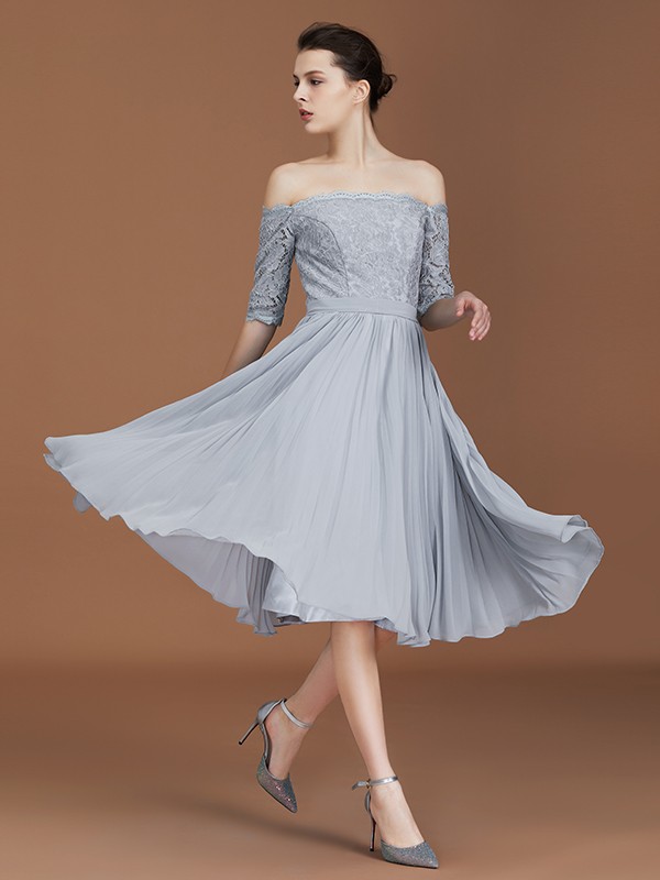 A-Line/Princess Off-the-Shoulder Short Sleeves Lace Tea-Length Chiffon Bridesmaid Dress 2355