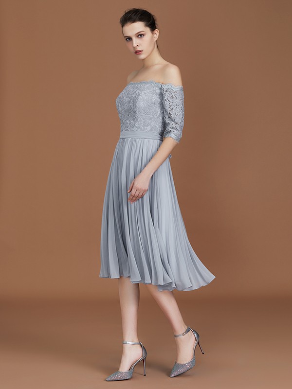 A-Line/Princess Off-the-Shoulder Short Sleeves Lace Tea-Length Chiffon Bridesmaid Dress 2355