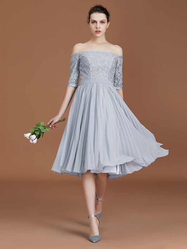 A-Line/Princess Off-the-Shoulder Short Sleeves Lace Tea-Length Chiffon Bridesmaid Dress 2355