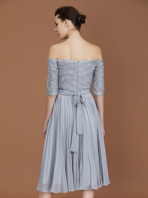 A-Line/Princess Off-the-Shoulder Short Sleeves Lace Tea-Length Chiffon Bridesmaid Dress 2355