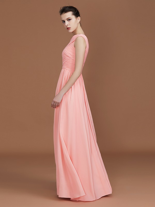 A-Line/Princess V-neck Sleeveless Floor-Length Chiffon Bridesmaid Dress 2821