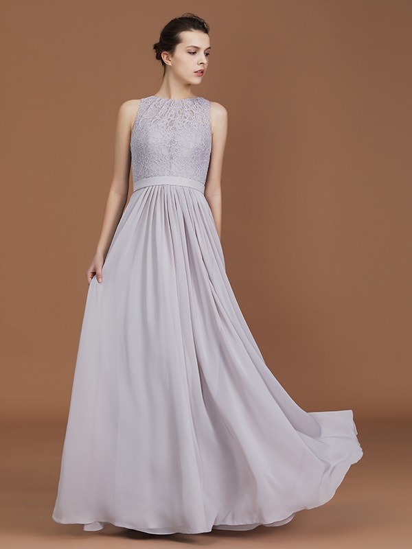 A-Line/Princess Scoop Lace Floor-Length Ruched Chiffon Bridesmaid Dress 2440