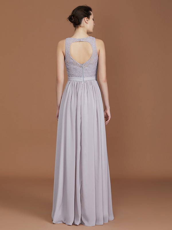 A-Line/Princess Scoop Lace Floor-Length Ruched Chiffon Bridesmaid Dress 2440