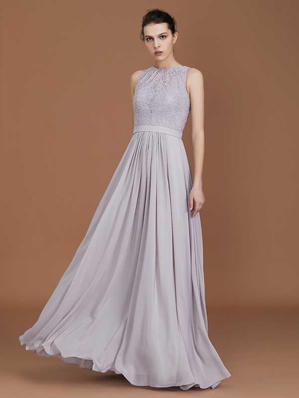 A-Line/Princess Scoop Lace Floor-Length Ruched Chiffon Bridesmaid Dress 2440