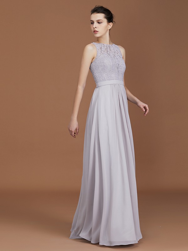 A-Line/Princess Scoop Lace Floor-Length Ruched Chiffon Bridesmaid Dress 2440