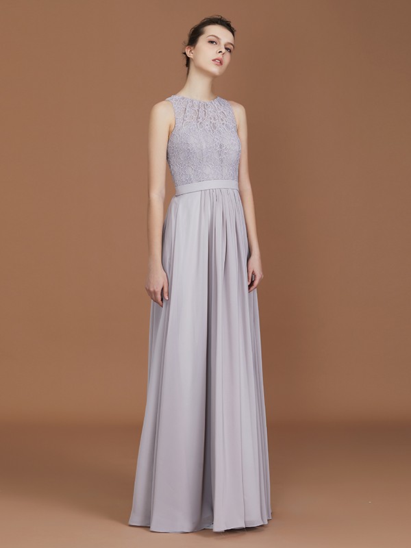 A-Line/Princess Scoop Lace Floor-Length Ruched Chiffon Bridesmaid Dress 2440