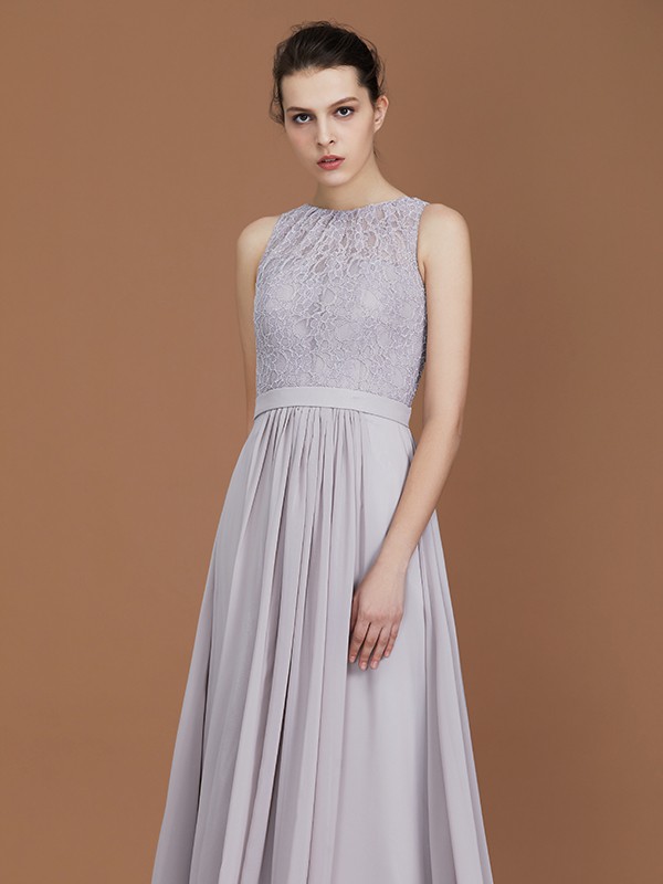 A-Line/Princess Scoop Lace Floor-Length Ruched Chiffon Bridesmaid Dress 2440