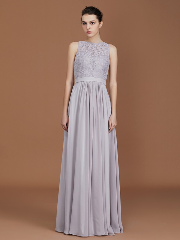 A-Line/Princess Scoop Lace Floor-Length Ruched Chiffon Bridesmaid Dress 2440