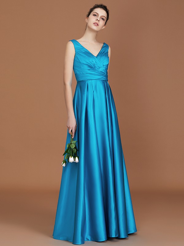 A-Line/Princess V-neck Sleeveless Floor-Length Ruffles Satin Bridesmaid Dress 2834