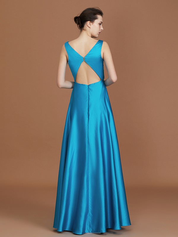 A-Line/Princess V-neck Sleeveless Floor-Length Ruffles Satin Bridesmaid Dress 2834