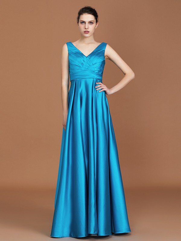 A-Line/Princess V-neck Sleeveless Floor-Length Ruffles Satin Bridesmaid Dress 2834