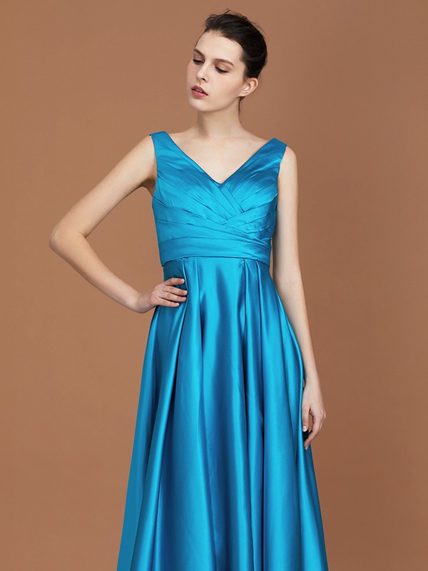 A-Line/Princess V-neck Sleeveless Floor-Length Ruffles Satin Bridesmaid Dress 2834