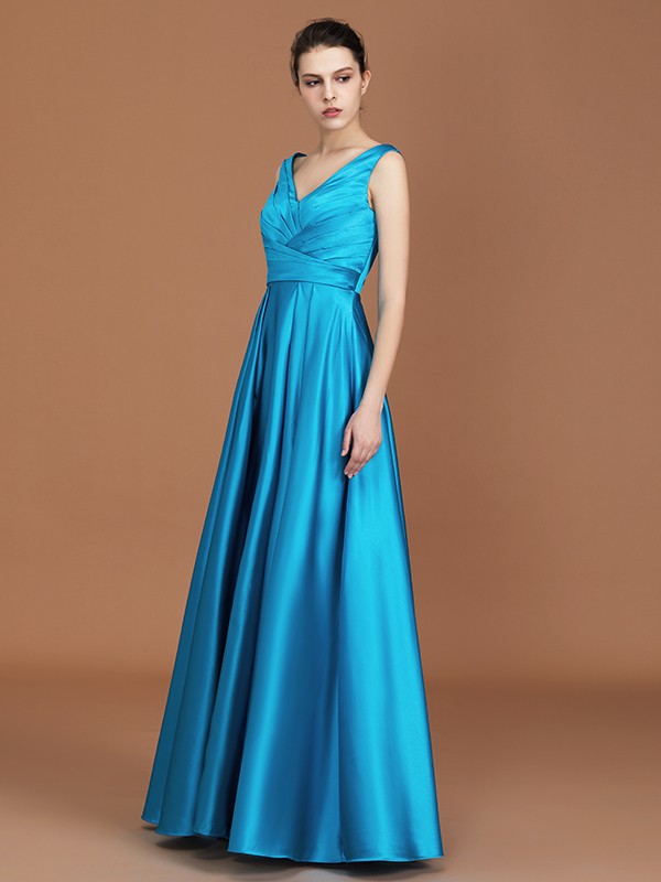 A-Line/Princess V-neck Sleeveless Floor-Length Ruffles Satin Bridesmaid Dress 2834