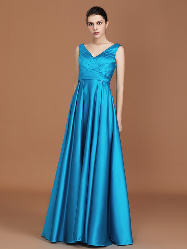 A-Line/Princess V-neck Sleeveless Floor-Length Ruffles Satin Bridesmaid Dress 2834