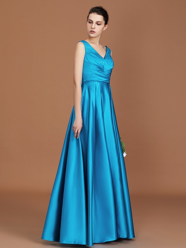 A-Line/Princess V-neck Sleeveless Floor-Length Ruffles Satin Bridesmaid Dress 2834