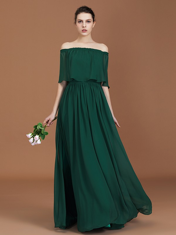 A-Line/Princess Pleats Off-the-Shoulder Floor-Length Chiffon Bridesmaid Dress 2424